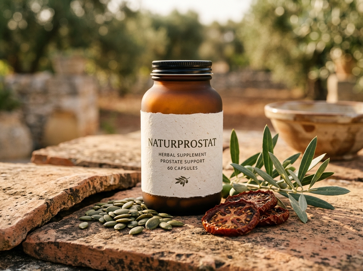 Frasco de Naturprostat con semillas de calabaza y ramas de olivo